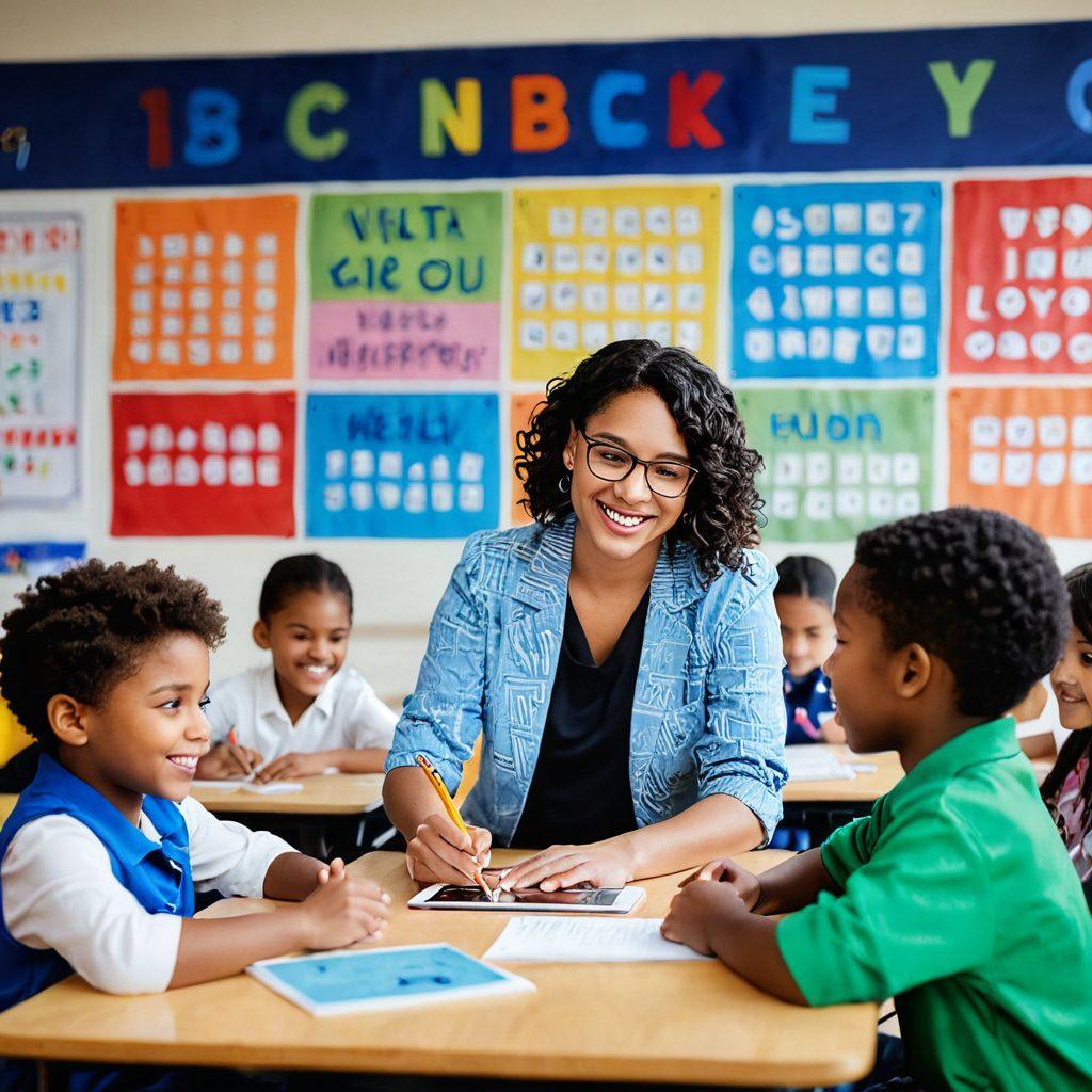A vibrant classroom scene where diverse young children are engaging with interactive educational tools, like tablets and games, surrounded by colorful posters of letters and numbers. In the background, a teacher is joyfully guiding a group, while others are collaborating in small groups. The atmosphere is bright and playful, reflecting curiosity and excitement for learning. super-realistic. vibrant colors. 3D.