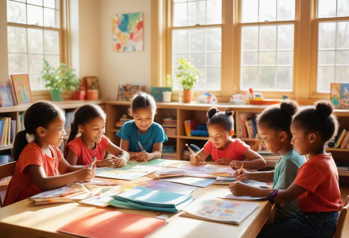 A warm classroom scene depicting a diverse group of young children engaging in interactive learning activities, surrounded by colorful educational tools. The atmosphere radiates affection with teachers showing support and encouragement, highlighting the importance of emotional connections. Soft sunlight filters through cheerful windows, enhancing the inviting environment. watercolor painting. vibrant colors.