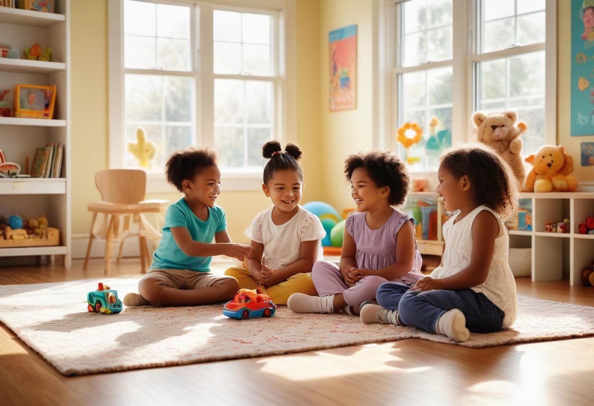A heartwarming scene in a preschool classroom, filled with diverse children engaging in collaborative play and sharing toys, surrounded by colorful educational posters and soft, plush furniture. A nurturing teacher is guiding them with a warm smile, emphasizing kindness and cooperation. Sunlight streams in through large windows, creating a bright and inviting atmosphere. Soft pastel colors dominate the image to evoke a feeling of warmth and safety. super-realistic. vibrant colors.